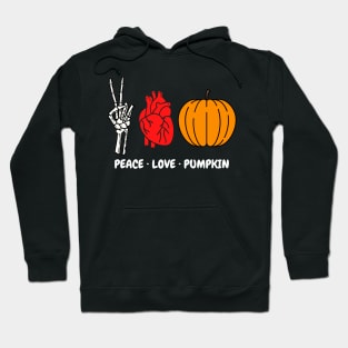 Peace Love Pumpkin Skeleton Hand Human Heart Organ Plump Pumpkin Halloween Lovers Peace Sign Red Heart Hoodie